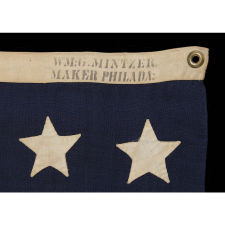 34 STARS ON AN ANTIQUE AMERICAN FLAG OF THE CIVIL WAR PERIOD, MADE BY WILLIAM G. MINTZER IN PHILADELPHIA, PENNSYLVANIA, 1861-63, REFLECTS KANSAS STATEHOOD