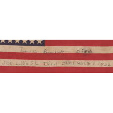 48 STARS ON ANTIQUE AMERICAN FLAG WITH HAND-WRITTEN INSCRIPTIONS AND AN EMBROIDERED DATE OF APRIL 12TH, 1945, MOURNING THE DEATH OF PRESIDENT FRANKLIN DELANO ROOSEVELT