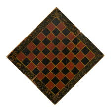 RED & BLACK GAMEBOARD WITH SHADOWED, GOLD SCROLLWORK, CA 1840-1870