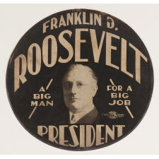 FRANKLIN D. ROOSEVELT CAMPAIGN TIRE COVER WITH THE TERRIFIC SLOGAN: “A BIG MAN FOR A BIG JOB,” MADE IN 1932 FOR THE FIRST OF HIS FOUR SUCCESSFUL CAMPAIGNS FOR THE PRESIDENCY