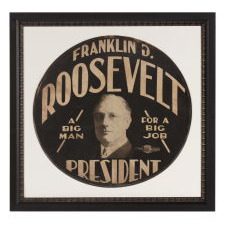 FRANKLIN D. ROOSEVELT CAMPAIGN TIRE COVER WITH THE TERRIFIC SLOGAN: “A BIG MAN FOR A BIG JOB,” MADE IN 1932 FOR THE FIRST OF HIS FOUR SUCCESSFUL CAMPAIGNS FOR THE PRESIDENCY