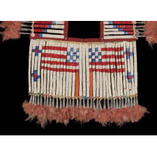 OUTSTANDING, NATIVE AMERICAN, QUILLED, TIN CONE & FEATHERED BREASTPLATE WITH AN INTERESTING BEADED STRAP, PROBABLY LAKOTA SIOUX, CA 1870-80