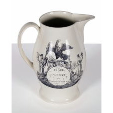 LIVERPOOL JUG WITH "PEACE, PLENTY, AND INDEPENDENCE" VIEW ON ONE SIDE AND "AMERICA IN TEARS" GEORGE WASHINGTON MEMORIAL ON THE OTHER, LARGE AND IN PERFECT CONDITION, HERCULANEUM POTTERY, 1800-1805