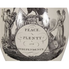 LIVERPOOL JUG WITH "PEACE, PLENTY, AND INDEPENDENCE" VIEW ON ONE SIDE AND "AMERICA IN TEARS" GEORGE WASHINGTON MEMORIAL ON THE OTHER, LARGE AND IN PERFECT CONDITION, HERCULANEUM POTTERY, 1800-1805