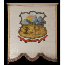 UNIQUE, HAND-PAINTED BANNER WITH THE SEAL OF THE STATE OF OHIO, MADE CA 1868-1880, LIKELY HAVING REPRESENTED DELEGATES FROM THAT STATE AT THE 1872 REPUBLICAN NATIONAL CONVENTION IN PHILADELPHIA, OR THE DEMOCRAT NATIONAL CONVENTION IN BALTIMORE