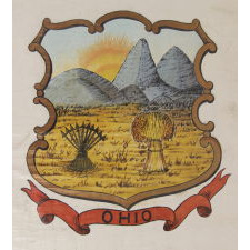 UNIQUE, HAND-PAINTED BANNER WITH THE SEAL OF THE STATE OF OHIO, MADE CA 1868-1880, LIKELY HAVING REPRESENTED DELEGATES FROM THAT STATE AT THE 1872 REPUBLICAN NATIONAL CONVENTION IN PHILADELPHIA, OR THE DEMOCRAT NATIONAL CONVENTION IN BALTIMORE
