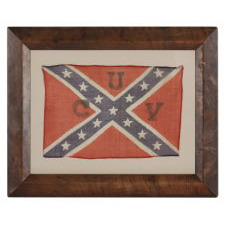 RECTANGULAR VERSION OF THE CONFEDERATE BATTLE FLAG / SOUTHERN CROSS FORMAT, A PARADE FLAG WITH A “UCV” (UNITED CONFEDERATE VETERANS) OVERPRINT, IN A STYLE THOUGHT TO HAVE BEEN MADE FOR THE LAST REUNION OF CONFEDERATE SOLDIERS IN 1951