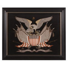 ELABORATE SAILOR’S SOUVENIR EMBROIDERY FROM THE ORIENT WITH A LARGE FEDERAL EAGLE, CROSSED FLAGS, CANNON AND ANCHOR, OBTAINED IN YOKOHAMA, JAPAN, DATED 1906
