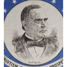 SILK PARADE FLAG WITH 46 STARS ON A STRIKING, ROYAL BLUE GROUND, MADE FOR THE 1900 PRESIDENTIAL CAMPAIGN OF WILLIAM McKINLEY, FEATURING A LARGE PORTRAIT AND A GREAT SLOGAN