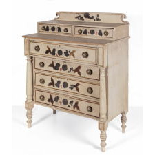 COUNTRY SHERATON TRANSITIONAL CHEST OF DRAWERS WITH STENCILED AND HAND-PAINTED DECORATION ON A WHITE GROUND, MAINE ORIGIN, CA 1830-50