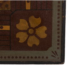 19TH CENTURY AMERICAN PARCHEESI BOARD IN SIX COLORS, WITH BOLD YELLOW FLOWERS IN EACH CORNER AND FANTASTIC, CRYSTALLIZED SURFACE, CA 1870-90