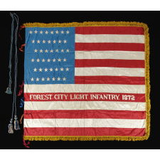 43 STARS, IDAHO STATEHOOD, ONE OF THE RAREST STAR COUNTS AMONG SURVIVING AMERICAN FLAGS OF THE 19TH CENTURY; AN EXCEPTIONALLY RARE U.S. INFANTRY BATTLE FLAG, ENTIRELY HAND-SEWN, MADE FOR AN AFRICAN-AMERICAN UNIT OF CIVIL WAR ORIGIN, CA 1889