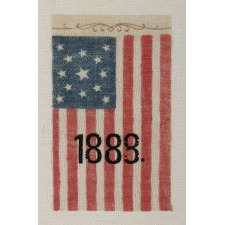 13 STAR, CENTENNIAL ERA, ANTIQUE AMERICAN PARADE FLAG WITH UNUSUAL OVERPRINTED 1888 DATE AND SCROLL WORK, PROBABLY MADE FOR A BENJAMIN HARRISON RALLY IN THIS PRESIDENTIAL ELECTION YEAR