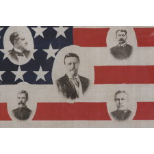 RARE & BEAUTIFUL AMERICAN PARADE FLAG WITH IMAGES OF TEDDY ROOSEVELT AND HIS GREAT WHITE FLEET, 1907-1909