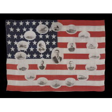 RARE & BEAUTIFUL AMERICAN PARADE FLAG WITH IMAGES OF TEDDY ROOSEVELT AND HIS GREAT WHITE FLEET, 1907-1909
