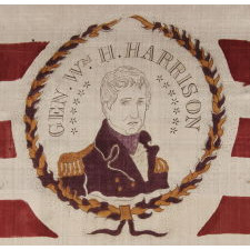 13 STARS AND 17 STRIPES ON AN EXTRAORDINARY FLAG MADE FOR THE 1840 PRESIDENTIAL CAMPAIGN OF WILLIAM HENRY HARRISON, WITH THE INCLUSION OF A STUNNING, 3-COLOR PORTRAIT MEDALLION IN VIOLET, CHEDDAR YELLOW, AND BLACK; AMONG THE EARLIEST OF ALL PRINTED FLAGS KNOWN TO EXIST, AND REPRESENTING THE VERY F
