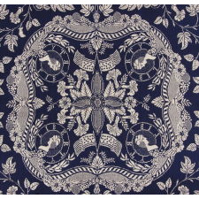 BLUE & WHITE "LIBERTY" COVERLET, MADE IN 1849 FOR AURISSA A. GILLETT BY WEAVER JAMES VANNESS, IN PALMYRA, NEW YORK, A VERY SCARCE VARIETY WITH EXCEPTIONAL IMAGERY