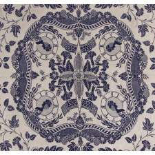 BLUE & WHITE "LIBERTY" COVERLET, MADE IN 1849 FOR AURISSA A. GILLETT BY WEAVER JAMES VANNESS, IN PALMYRA, NEW YORK, A VERY SCARCE VARIETY WITH EXCEPTIONAL IMAGERY