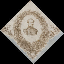 LARGE SCALE, PRINTED SILK KERCHIEF FEATURING CONFEDERATE STATES OF AMERICA PRESIDENT JEFFERSON DAVIS AND EIGHT OF HIS STAFF, CIVIL WAR PERIOD, EXTREMELY RARE AND THE ONLY KNOWN STYLE PRODUCED FOR THE CONFEDERACY