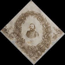 LARGE SCALE, PRINTED SILK KERCHIEF FEATURING CONFEDERATE STATES OF AMERICA PRESIDENT JEFFERSON DAVIS AND EIGHT OF HIS STAFF, CIVIL WAR PERIOD, EXTREMELY RARE AND THE ONLY KNOWN STYLE PRODUCED FOR THE CONFEDERACY
