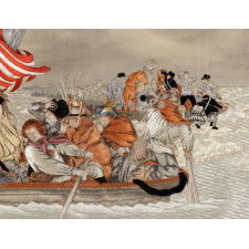 MAGNIFICENT EMBROIDERY WITH A TRAPUNTO (RAISED) NEEDLEWORK RENDERING OF EMANUEL GOTTLIEB LEUTZE'S "WASHINGTON CROSSING THE DELAWARE," LIKELY FROM AN ORIENTAL PAVILLION AT A WORLD'S FAIR, CA 1885-1900, UNIQUE IN MY EXPERIENCE IN THE PRIVATE MARKETPLACE