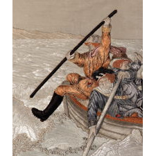 MAGNIFICENT EMBROIDERY WITH A TRAPUNTO (RAISED) NEEDLEWORK RENDERING OF EMANUEL GOTTLIEB LEUTZE'S "WASHINGTON CROSSING THE DELAWARE," LIKELY FROM AN ORIENTAL PAVILLION AT A WORLD'S FAIR, CA 1885-1900, UNIQUE IN MY EXPERIENCE IN THE PRIVATE MARKETPLACE