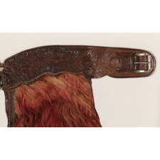 FANTASTIC, RED, WOOLY, ANGORA CHAPS WITH BEAUTIFULLY TOOLED LEATHER, MADE BY VISALIA STOCK SADDLE CO. OF SAN FRANCISCO, CALIFORNIA, SIGNED IN 3 PLACES, ca 1880-1910