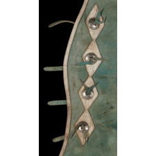 LEATHER CHAPS WItH NICKEL-PLATED CONCHOS, BLUE-GREEN AND WHITE WITH WONDERFUL WEAR AND PATINA, MADE FOR THE GEER RODEO COMPANY OF MANTANA, ca 1960 - 1970’s