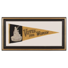 RARE "VOTES FOR WOMEN" PENNANT WITH AN IMAGE OF A 1911 STATUETTE CALLED "SUFFRAGIST" BY ELLA BUCHANNAN; PROBABLY OF NEW YORK ORIGIN, THIS EXACT TEXTILE IS THE PLATE EXAMPLE FROM THE LEADING REFERENCE ON SUFFRAGE-RELATED OBJECTS