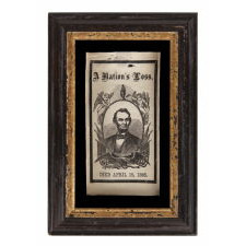 "A NATION'S LOSS": SILK, 1865, ABRAHAM LINCOLN MOURNING RIBBON IN AN ESPECIALLY ATTRACTIVE PORTRAIT DESIGN