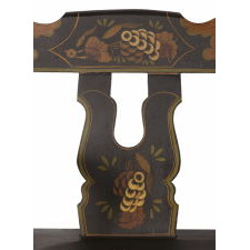 UNUSUAL, SMALL SCALE, PLANK- SEATED, PENNSYLVANIA DECORATED SETTEE WITH A BLACK GROUND AND LYRE (a.k.a. BOOTJACK) BACK SLATS, ca 1870-1890