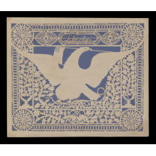 EXCEPTIONAL PATRIOTIC SCHERENSCHNITTE (PAPER CUTTING), IN THE STYLE OFTEN ATTRIBUTED TO ISAAC STIEHLY, ENTITLED “LIBERTY,” WITH IMAGERY THAT INCLUDES AN AMERICAN EAGLE WITH A 14 STAR, 14 STRIPE FLAG IN ITS BEAK, A RATTLESNAKE, LOVE BIRDS, AND EAGLES ON URNS, CA 1830-1850