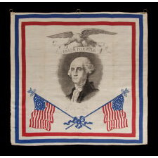 PATRIOTIC SILK KERCHIEF OF THE CIVIL WAR PERIOD, WITH AN ENGRAVED IMAGE OF GEORGE WASHINGTON, CROSSED 34 STAR FLAGS, AN EAGLE, AND "UNION FOREVER" SLOGAN