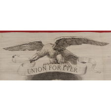 PATRIOTIC SILK KERCHIEF OF THE CIVIL WAR PERIOD, WITH AN ENGRAVED IMAGE OF GEORGE WASHINGTON, CROSSED 34 STAR FLAGS, AN EAGLE, AND "UNION FOREVER" SLOGAN