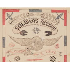 ELABORATE PEN & INK SOLDIER’S RECORD WITH AMERICAN PATRIOTIC COLORS AND IMAGERY, MADE FOR VERNON E. CUMMINGS OF THE 2ND REGIMENT, COMPANY D, WHO SUPPORTED TEDDY ROOSEVELT’S ROUGH RIDER’S ON SAN JUAN HILL, 1898, SIGNED “ODBEERE”