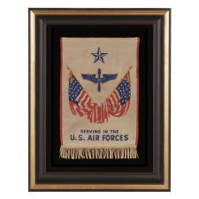 WWII SON-IN-SERVICE BANNER FOR A SERVICEMAN IN THE U.S. ARMY AIR FORCES, WHICH WOULD SOON AFTER BREAK OFF FROM THE ARMY TO BECOME ITS OWN BRANCH, LARGE IN SCALE AMONG SERVICE BANNER OF THIS ERA, GRAPHIC, AND EXTREMELY SCARCE
