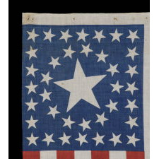 38 STARS IN A CIRCLE-IN-A-SQUARE MEDALLION WITH A HUGE CENTER STAR, ON AN ANTIQUE AMERICAN FLAG MADE FOR THE 1876 CENTENNIAL CELEBRATION, ONE OF JUST A TINY HANDFUL IN THIS STYLE AND AN ESPECIALLY IMPORTANT EXAMPLE, FORMERLY IN THE COLLECTION OF RICHARD PIERCE AND ILLUSTRATED IN HIS BOOK