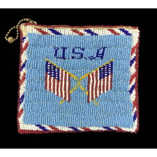 LARGE NATIVE AMERICAN BEADED COIN PURSE, MADE FOR THE AMERICAN MILITARY VETERANS MARKET, WITH EAGLE AND FLAG IMAGERY, CA 1920-30's