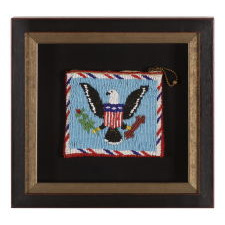 LARGE NATIVE AMERICAN BEADED COIN PURSE, MADE FOR THE AMERICAN MILITARY VETERANS MARKET, WITH EAGLE AND FLAG IMAGERY, CA 1920-30's