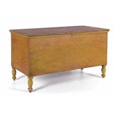 PENNSYLVANIA BLANKET CHEST IN YELLOW AND ORANGE PAINT WITH SPONGED DECORATION, STYLIZED LIKE OPPOSING FANS OR SUNBURSTS, CA 1830-1850