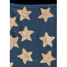 34 STAR, HAND-SEWN, HOMEMADE, ANTIQUE AMERICAN FLAG OF THE CIVIL WAR PERIOD, MADE OF A COMBINATION OF SALVAGED FABRICS, INCLUDING MENS' SHIRTING, 1861-1863, OPENING YEARS OF THE WAR, REFLECTS THE ADDITION OF KANSAS