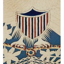 EXCEPTIONAL PATRIOTIC SCHERENSCHNITTE (PAPER CUTTING), IN THE STYLE OFTEN ATTRIBUTED TO ISAAC STIEHLY, ENTITLED “LIBERTY,” WITH IMAGERY THAT INCLUDES AN AMERICAN EAGLE WITH A 14-STAR, 13-STRIPE FLAG IN ITS BEAK, A RATTLESNAKE, AND SNOWFLAKE MEDALLIONS, CA 1830-1850