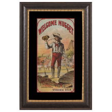 “WELCOME NUGGET” BRAND TOBBACCO CADDY LABEL WITH MINING SCENE, CA 1880