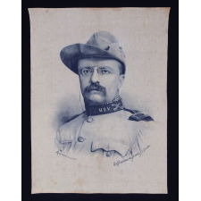 THEODORE ROOSEVELT BANNER WITH AN EXQUISITE PORTRAIT IMAGE IN ROUGH RIDER'S GARB, COPYRIGHTED BY GEORGE ROCKWOOD (INVENTOR OF THE CDV), PRINTED IN BOSTON; PROBABLY MADE FOR THE TRAIN FROM WHICH T.R. MADE 673 STUMP SPEECHES IN 24 STATES IN 1900; THE PLATE EXAMPLE FROM "THREADS OF HISTORY" BY COLLINS