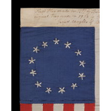 13 HAND-EMBROIDERED STARS AND EXPERTLY HAND-SEWN STRIPES ON AN ANTIQUE AMERICAN FLAG MADE IN PHILADELPHIA IN BY RACHEL ALBRIGHT, GRANDDAUGHTER OF BETSY ROSS, SIGNED AND DATED 1903