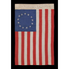 13 HAND-EMBROIDERED STARS AND EXPERTLY HAND-SEWN STRIPES ON AN ANTIQUE AMERICAN FLAG MADE IN PHILADELPHIA IN BY RACHEL ALBRIGHT, GRANDDAUGHTER OF BETSY ROSS, SIGNED AND DATED 1903
