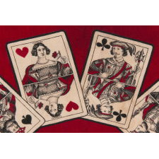 RED BANDANNA WITH IMAGES OF PLAYING CARDS, LATE 19TH CENTURY, EXTRAORDINARILY UNUSUAL AND THE ONLY EXAMPLE OF THIS TEXTILE THAT I HAVE EVER ENCOUNTERED
