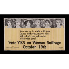 SUFFRAGETTE TROLLEY POSTER WITH EXCEPTIONAL "DANCE WITH YOU, MARRY YOU, VOTE WITH YOU..." SLOGAN, AND IN THE TRADITIONAL SUFFRAGE COLORS, MADE IN NEW YORK FOR A CONSORTIUM OF SUFFRAGE ORGANIZATIONS, HEADQUARTERED IN EAST ORANGE, NEW JERSEY