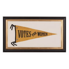LARGE TRIANGULAR SUFFRAGETTE PENNANT WITH "VOTES FOR WOMEN" TEXT AND TWO 1915 PENNSYLVANIA SUFFRAGE PINBACKS