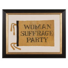 YELLOW FELT SUFFRAGETTE FLAG, MADE FOR CARRIE CHAPMAN CATT'S "WOMAN SUFFRAGE PARTY" OF NEW YORK CITY, CA 1912-20, THE ONLY EXAMPLE THAT I HAVE EVER ENCOUNTERED, CA 1910-20, FOUND WITH A LETTER FROM THE EXECUTIVE SECRETARY OF THE WOMAN SUFFRAGE HEADQUARTERS OF PHILADELPHIA